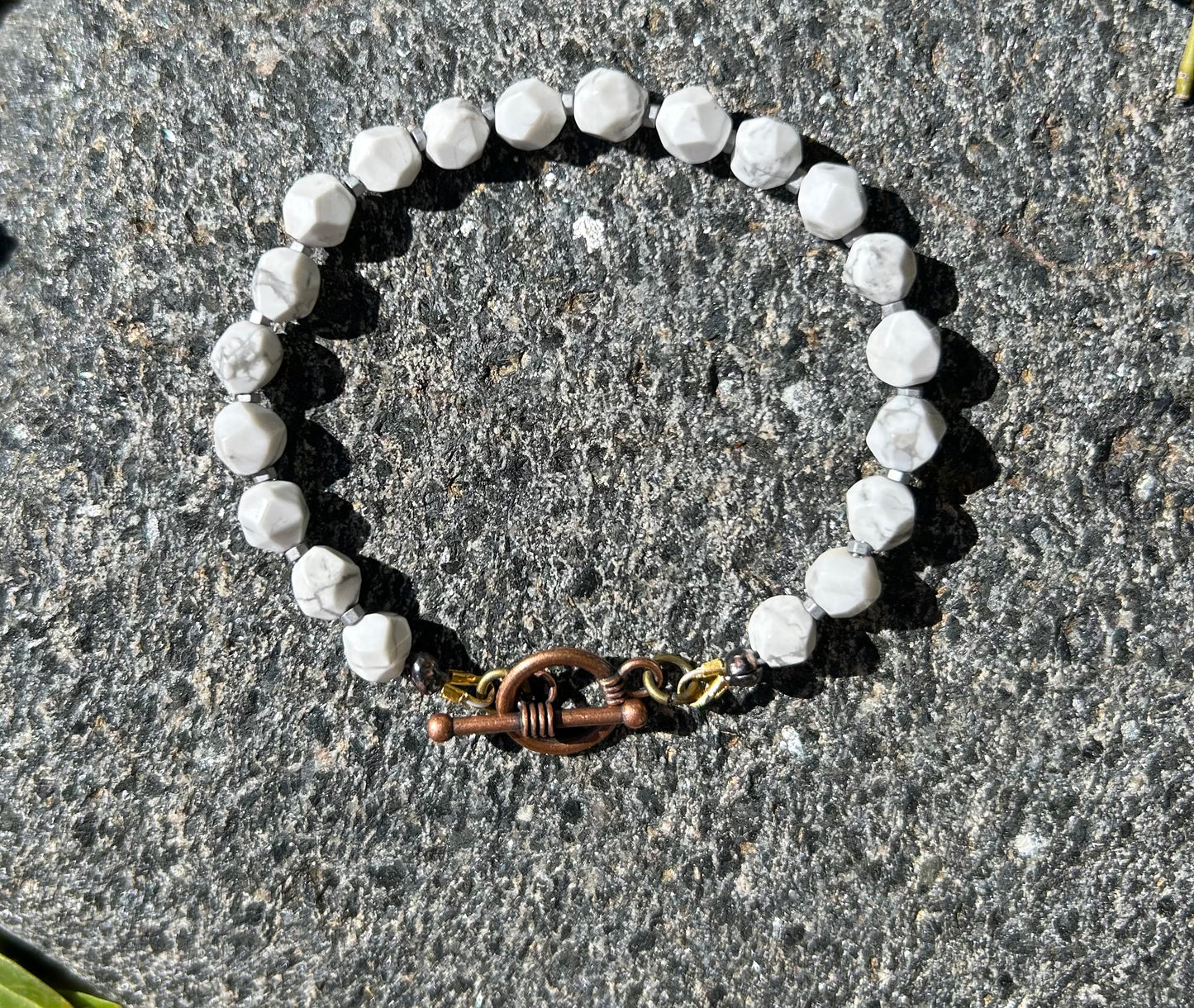 Faceted Howlite with pyrite hexagon Bracelet