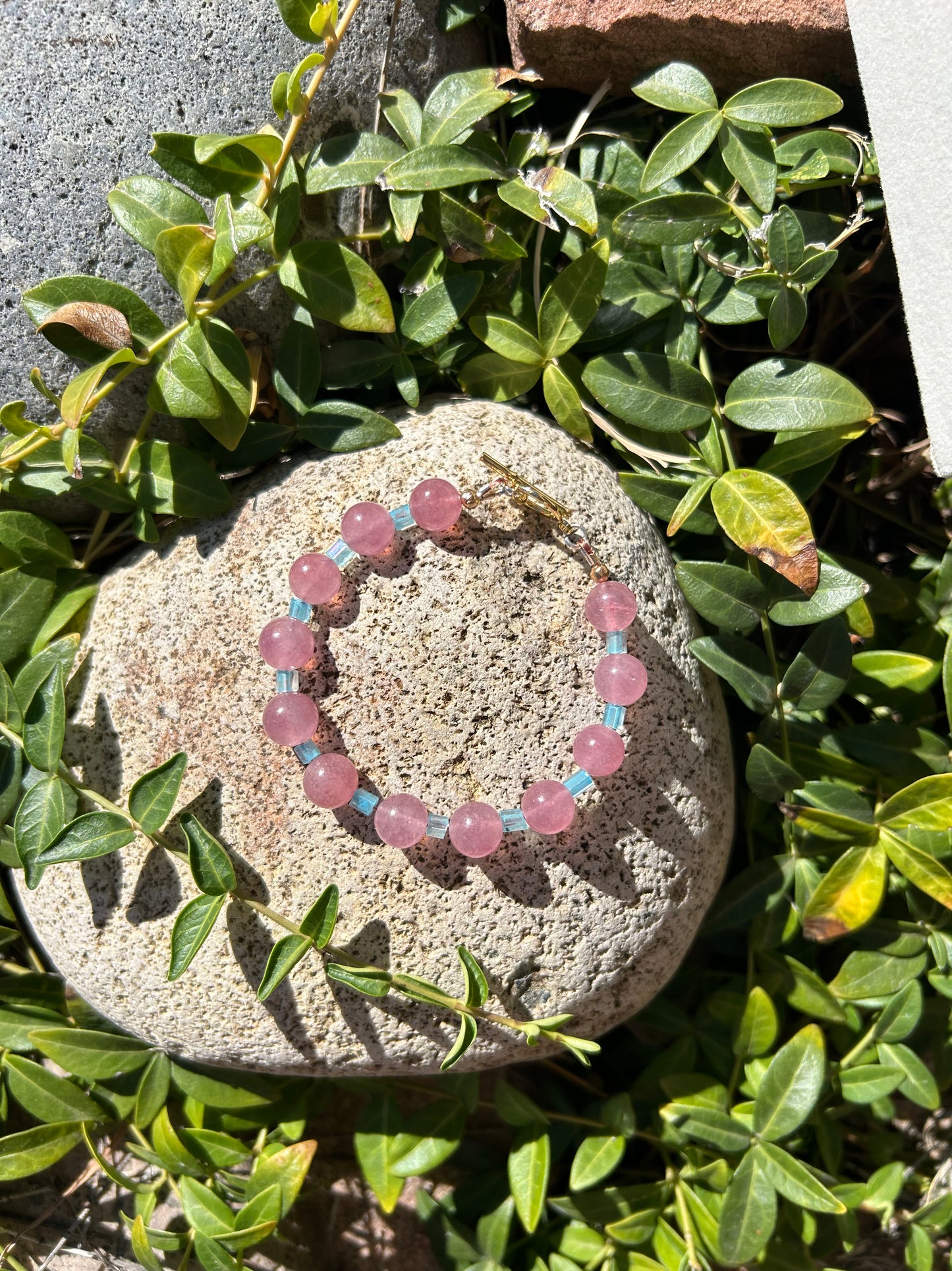 Strawberry Quartz & Blue Glass Bracelet