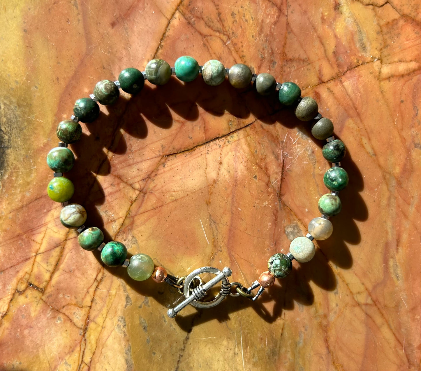 Green Agate & Hematite 5mm Bracelet Silver