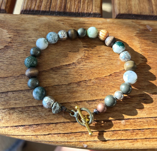 Tree Agate, Wood, Pyrite Mix Bracelet