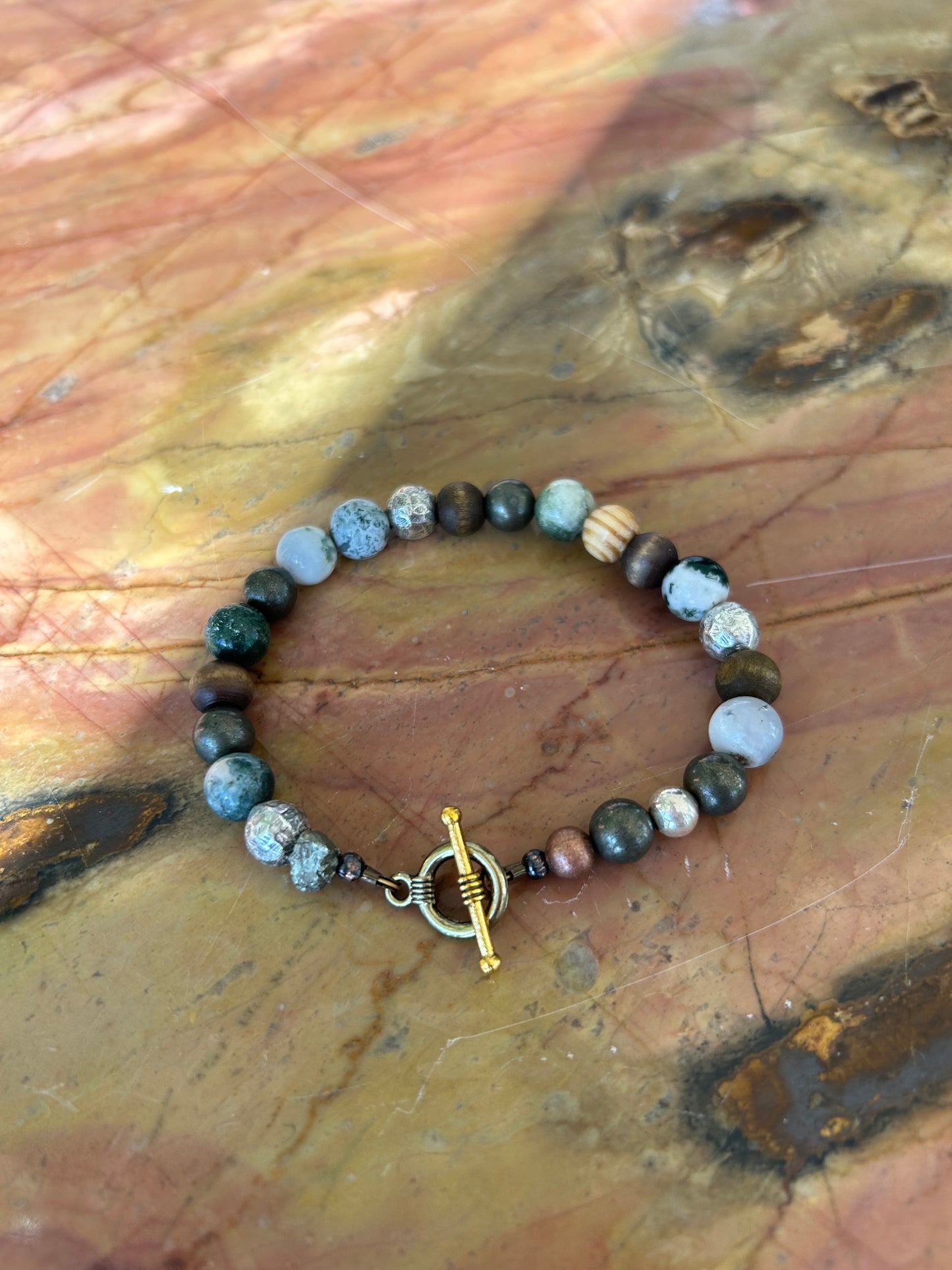 Tree Agate, Wood, Pyrite Mix Bracelet