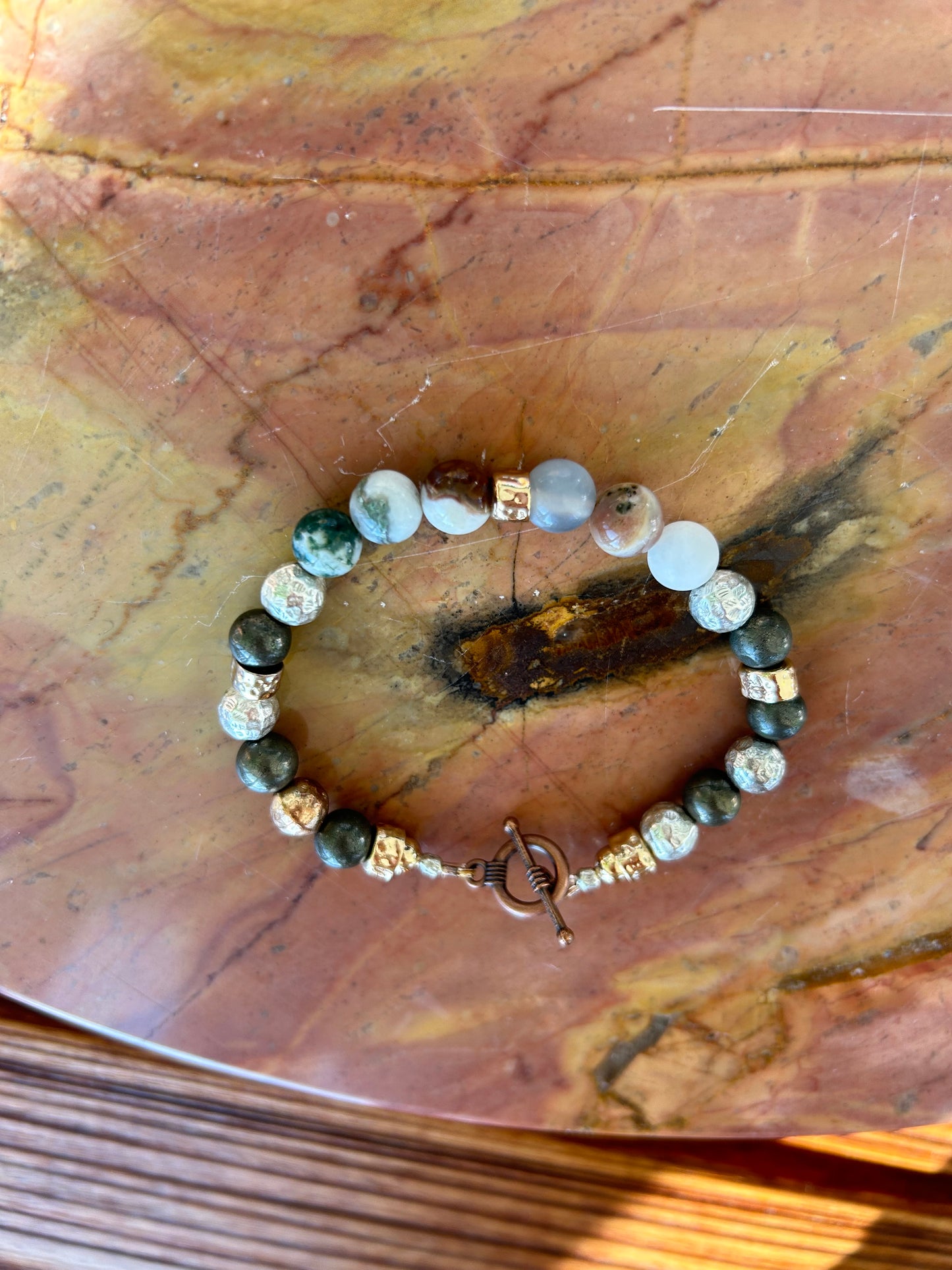 Tree Agate with Gold Bar Spacers Bracelet