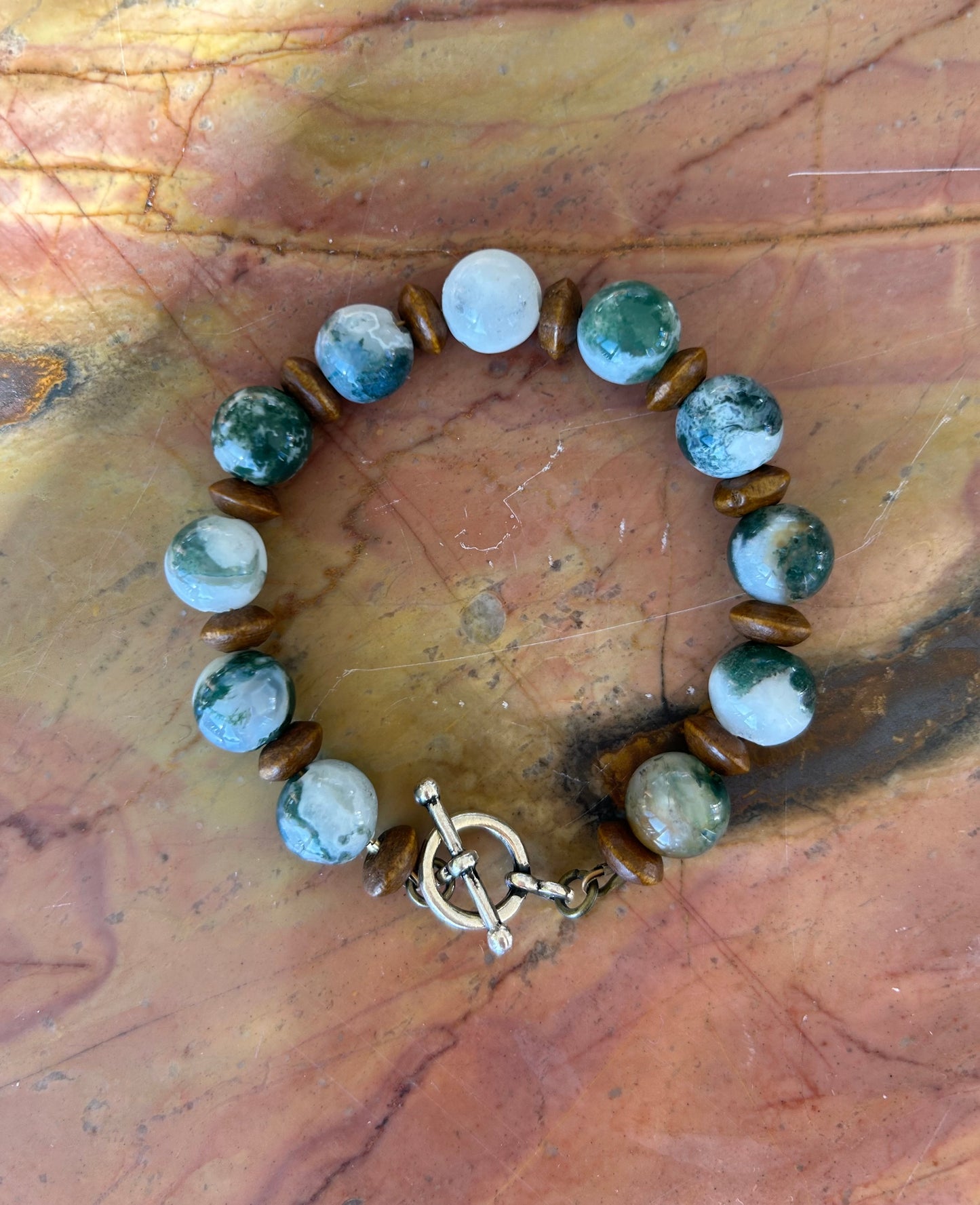 Tree Agate & Wooden Disc Bracelet