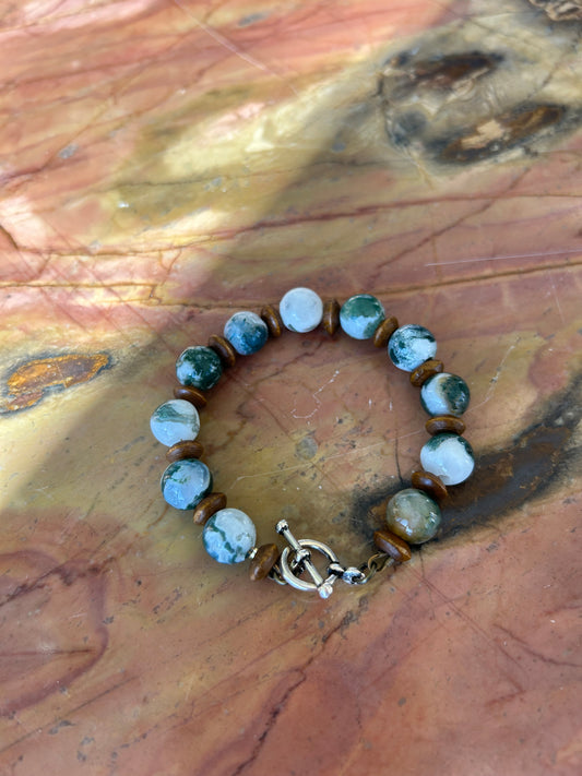 Tree Agate & Wooden Disc Bracelet